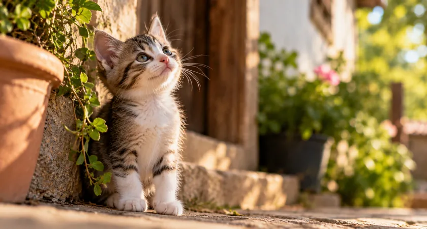Gato filhote rajado com patas brancas sentado em uma varanda ensolarada, representando o tema sonhar com gato filhote.