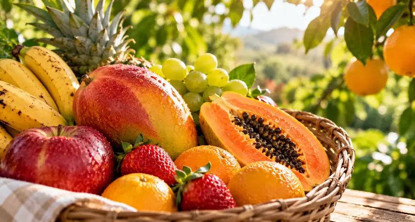 Cesta com frutas maduras, incluindo manga, mamão, banana e maçã, ilustrando o tema sonhar com fruta madura.