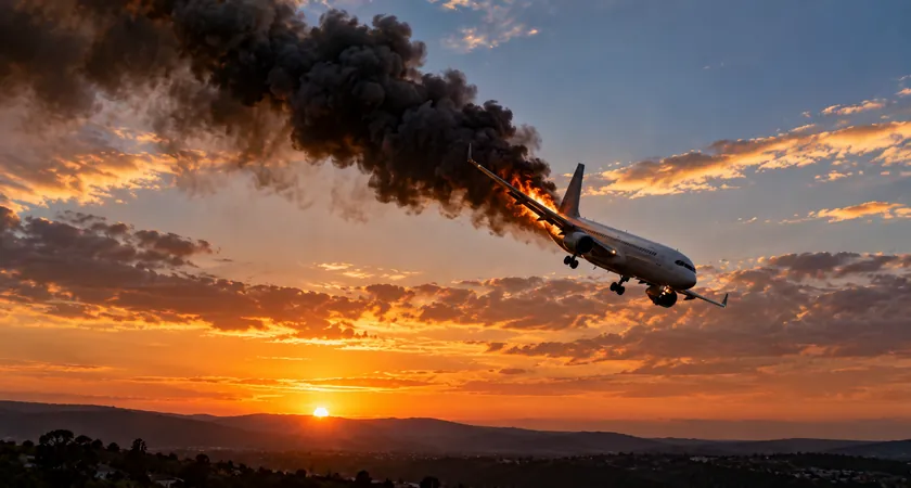 Avião comercial perdendo altitude com fumaça e chamas durante o pôr do sol, ilustrando o tema sonhar com avião caindo.