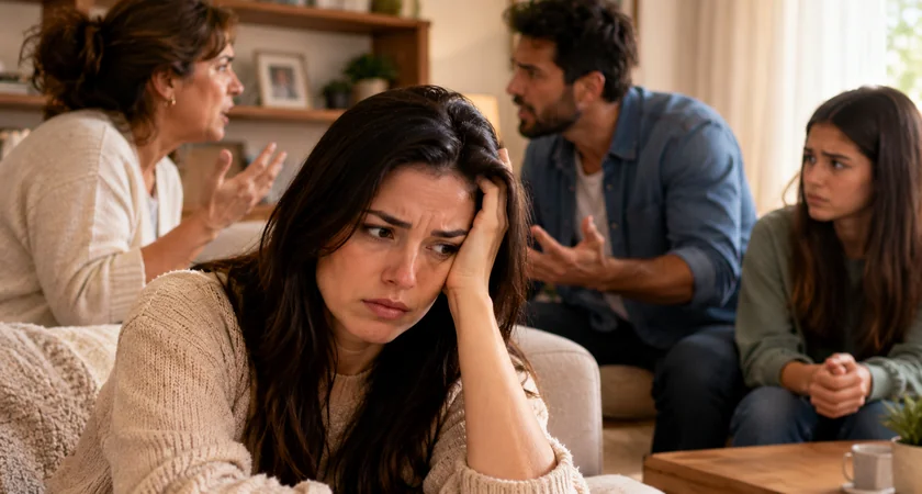Mulher preocupada enquanto familiares discutem em uma sala de estar, ilustrando o tema sonhar com briga na família.