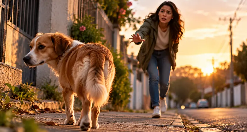 Cachorro caramelo e branco caminhando por uma rua enquanto uma mulher tenta alcançá-lo, ilustrando o tema sonhar com cachorro perdido.