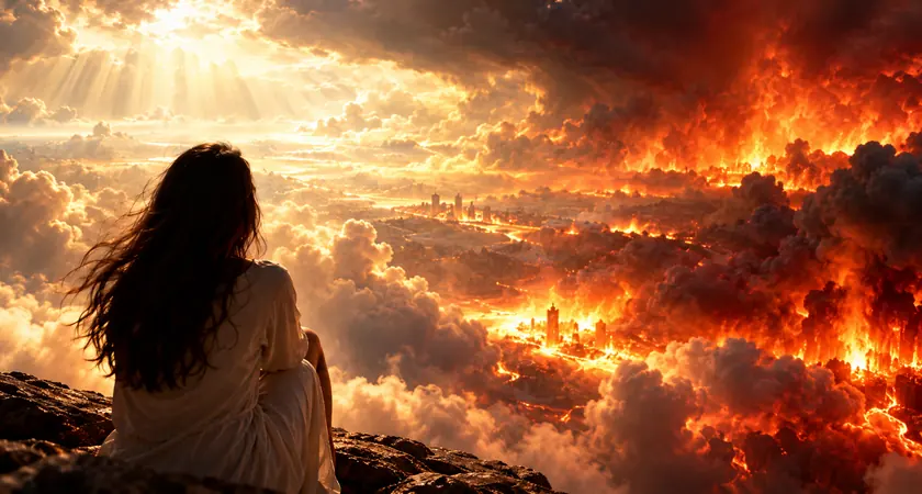 Mulher observando uma paisagem simbólica com fogo e nuvens iluminadas, representando o tema sonhar com fogo no mundo espiritual.