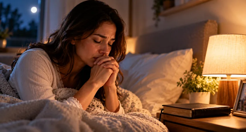 Mulher sentada na cama com as mãos unidas em oração durante a noite, buscando tranquilidade após um pesadelo.