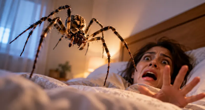 Mulher assustada diante de uma grande aranha que parece atacá-la em um quarto, ilustrando o tema sonhar com aranha atacando.