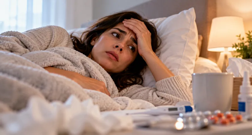 Mulher preocupada descansando na cama com termômetro e medicamentos próximos, ilustrando o tema sonhar com doença.