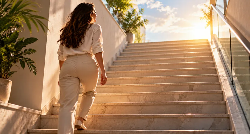 Mulher subindo uma escadaria de mármore iluminada pelo sol, ilustrando o tema sonhar com escada.