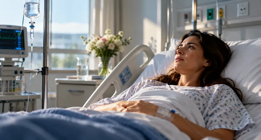 Mulher descansando em cama hospitalar com equipamentos médicos ao lado, ilustrando o tema sonhar com hospital.