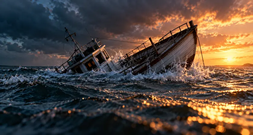 Barco de madeira afundando em meio a ondas fortes no mar, sob nuvens escuras e luz do pôr do sol.