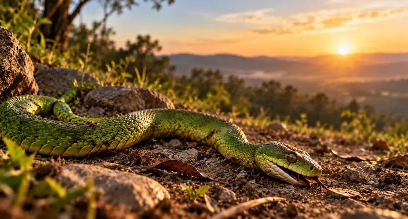 Cobra verde aparentemente morta sobre solo pedregoso ao pôr do sol, ilustrando o significado de sonhar com cobra morrendo.