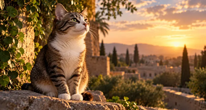 Gato rajado sobre muro de pedras ao pôr do sol, ilustrando o tema sonhar com gato na Bíblia.