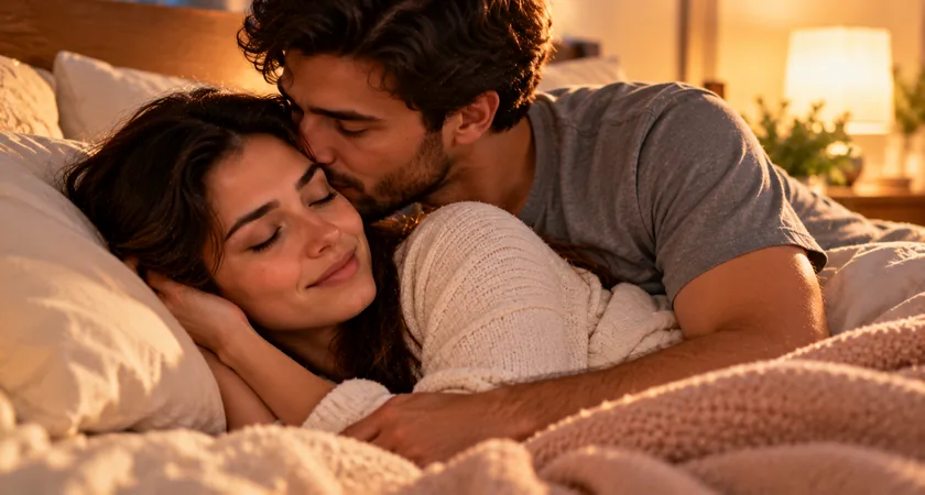 Casal abraçado na cama, com homem beijando carinhosamente a testa da namorada em um quarto aconchegante.