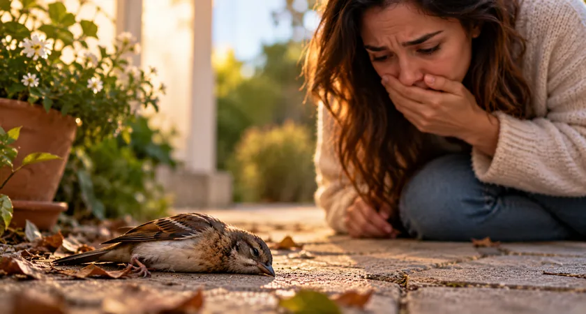 Pequeno pássaro morto sobre um caminho de pedras em um jardim enquanto uma mulher observa a cena com tristeza.
