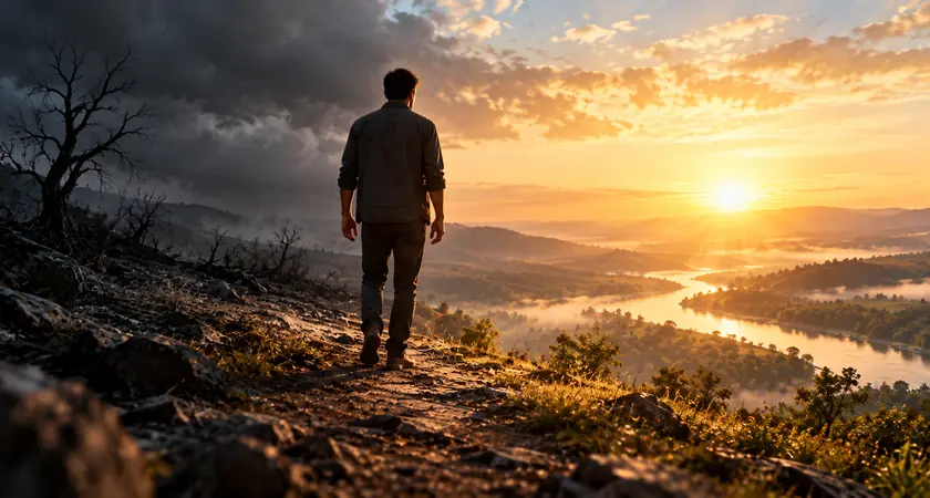 Homem diante de uma paisagem entre escuridão e luz, representando mudanças ao sonhar com a própria morte segundo a Bíblia.