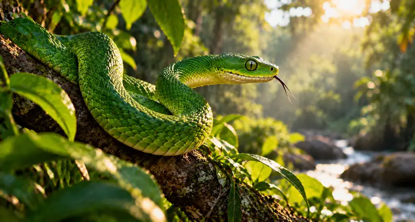 Cobra verde enrolada em galho de árvore em floresta tropical, ilustrando o significado de sonhar com cobra verde.