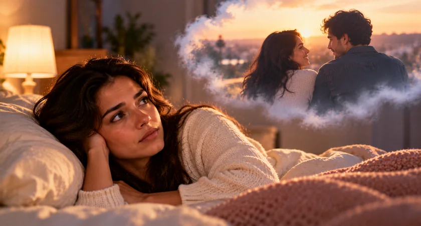 Mulher pensativa deitada na cama, com lembrança simbólica de um antigo namorado e momentos felizes do relacionamento ao fundo.