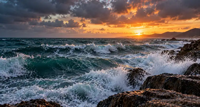 Mar agitado com ondas fortes quebrando contra rochas sob céu nublado ao pôr do sol, ilustrando o tema sonhar com mar agitado.