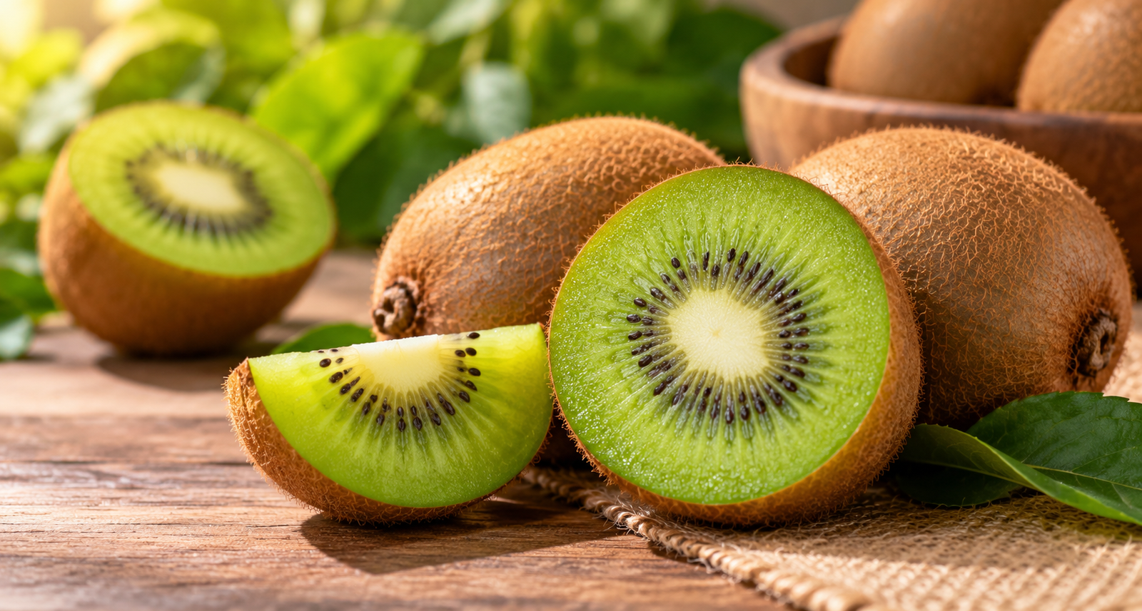 Kiwis frescos inteiros e cortados sobre uma mesa de madeira, ilustrando o significado de sonhar com kiwi.