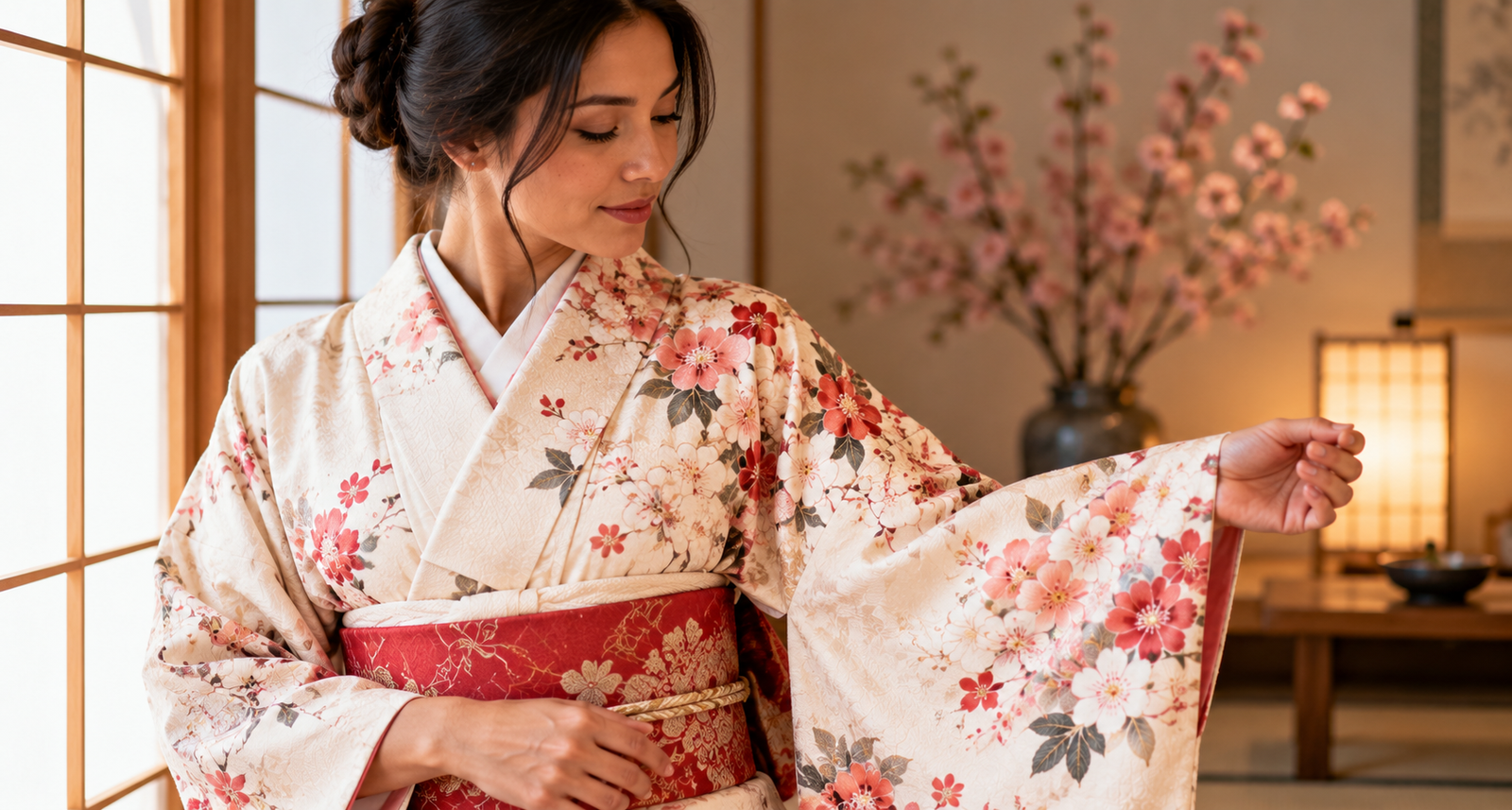 Mulher vestindo kimono japonês tradicional com estampas florais em ambiente oriental, representando o significado de sonhar com kimono.