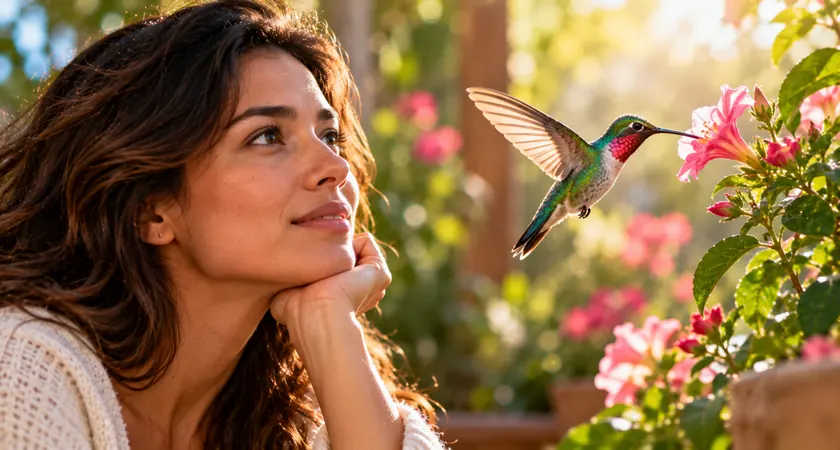 Beija-flor de plumagem verde e rosada voando próximo a flores em um jardim enquanto uma mulher observa a cena.