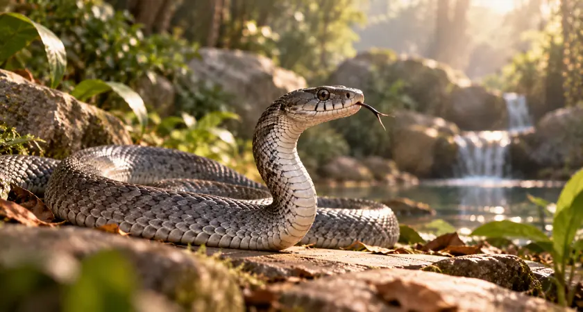 Cobra cinza enrolada sobre pedras, com a cabeça erguida e a língua para fora, próxima a uma cachoeira em ambiente natural.