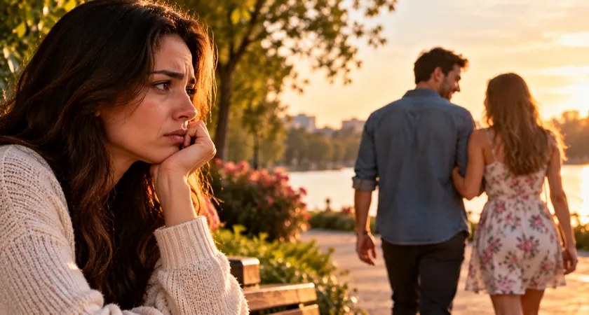Mulher triste observando um casal caminhando junto a um lago, ilustrando o tema sonhar com ex-namorado com outra pessoa.