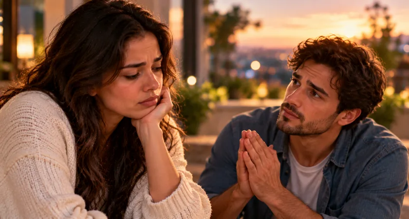 Mulher pensativa enquanto um homem demonstra desejo de reconciliação, ilustrando o sonho com ex-namorado querendo voltar.