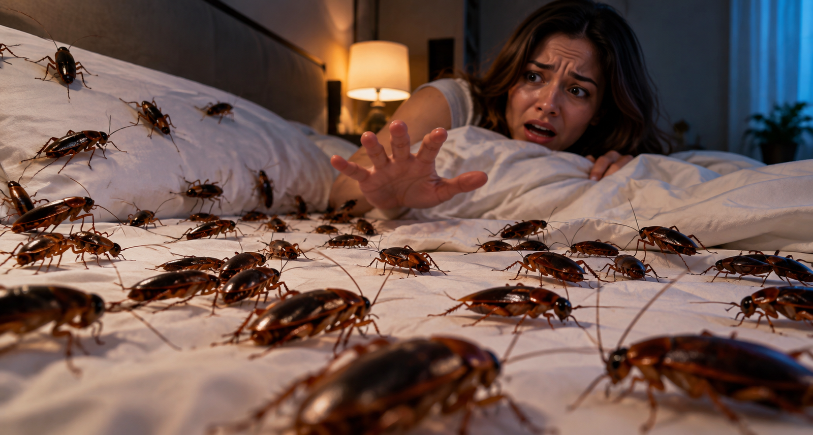 Mulher assustada ao sonhar com muitas baratas vivas espalhadas pela cama durante a noite.