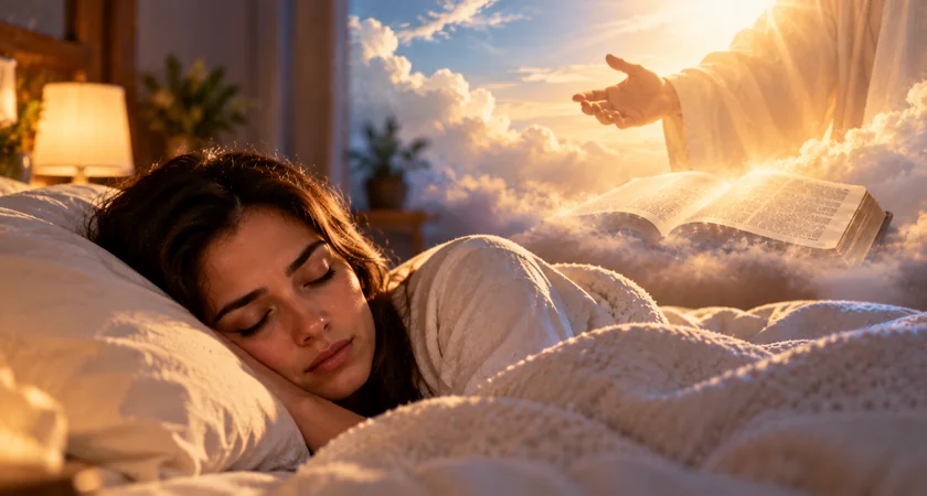 Mulher dormindo em um quarto acolhedor, com representação simbólica de uma Bíblia aberta e luz entre nuvens ao fundo.