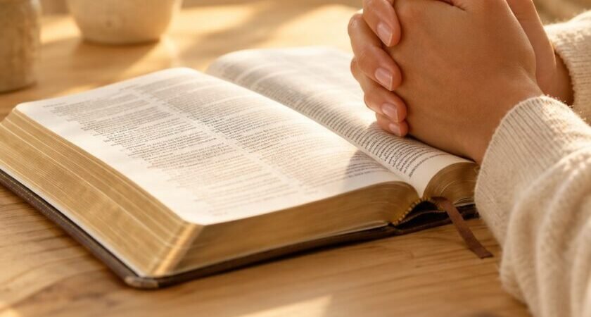 Mãos em oração de agradecimento junto à Bíblia aberta.
