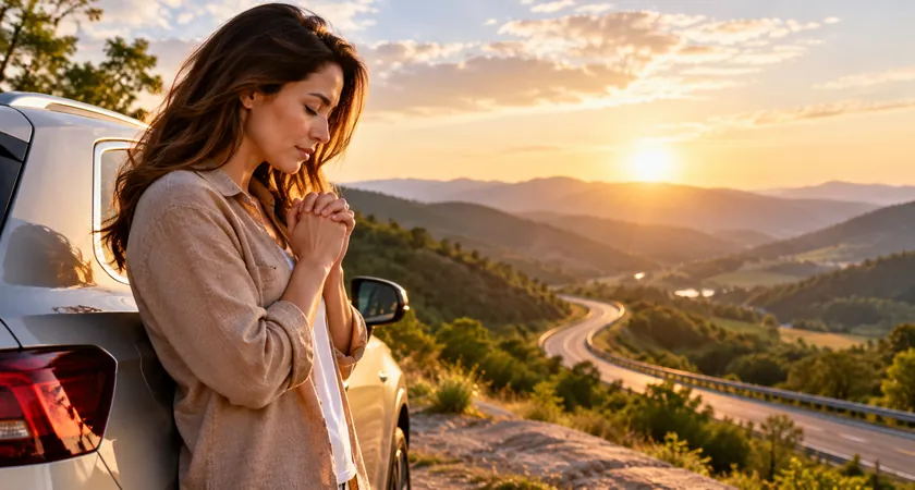 Mulher fazendo oração antes de viajar, ao lado de um carro em uma estrada cercada por montanhas.