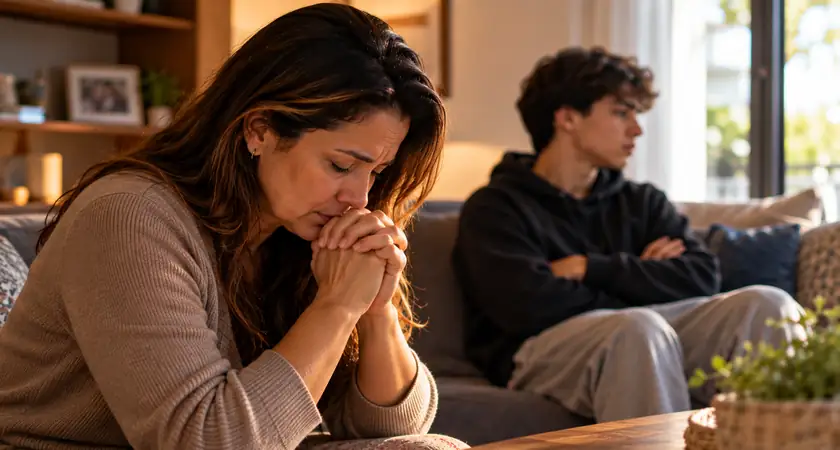 Mãe fazendo oração pelo filho adolescente que está distante no sofá, representando conflitos familiares e busca por reconciliação.