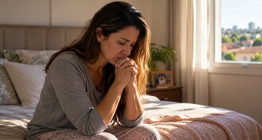 Mulher preocupada fazendo oração sentada na cama, buscando paz e confiança em Deus diante do medo.