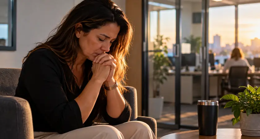 Mulher fazendo oração em escritório após um dia difícil de trabalho, buscando proteção e sabedoria de Deus.