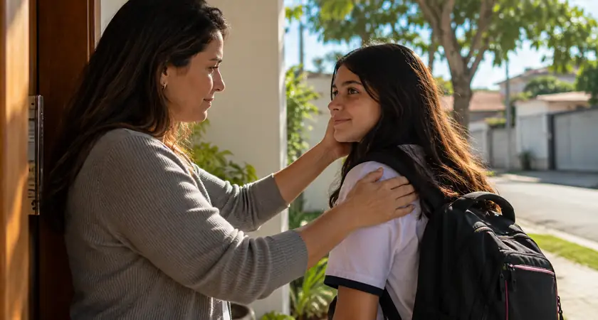 Mãe se despedindo da filha adolescente com mochila escolar na porta de casa antes de ir à escola.
