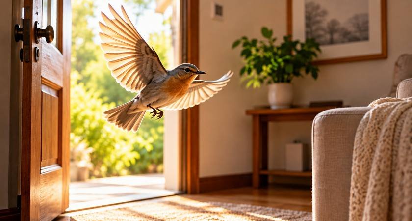 Pequeno pássaro pousado perto da janela de uma casa iluminada pela luz natural.