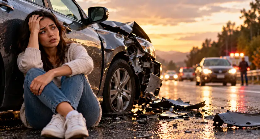 Mulher preocupada sentada ao lado de um carro danificado em uma estrada, ilustrando o tema sonhar com acidente de carro segundo a Bíblia.