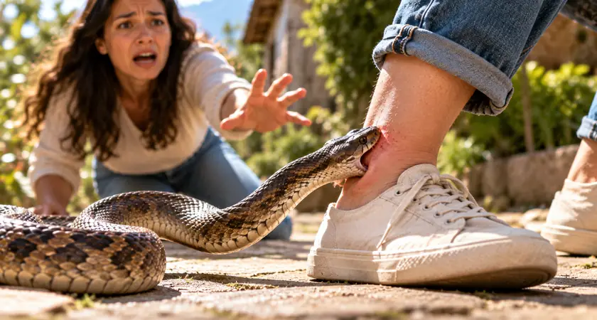 Cobra mordendo o tornozelo de uma pessoa usando tênis branco, enquanto uma mulher assustada tenta ajudar ao fundo.
