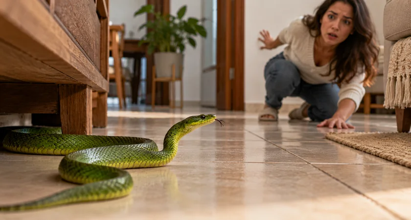 Cobra verde no chão de uma sala enquanto uma mulher se assusta, ilustrando sonhar com cobra verde dentro de casa.