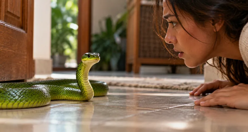 Cobra verde parada entre folhas olhando diretamente para a câmera em ambiente natural