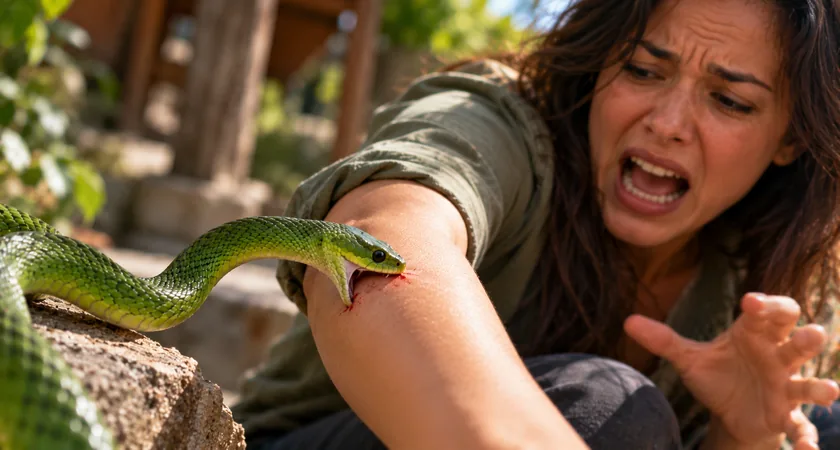 Cobra verde mordendo o braço de uma mulher assustada, ilustrando o sonho com cobra verde picando você.