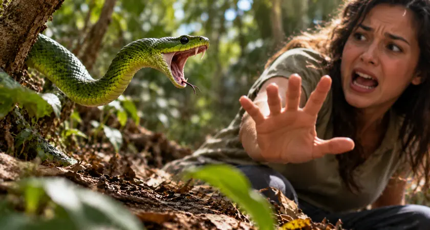 Cobra verde em posição de defesa em ambiente natural, representando sonho com ataque de serpente