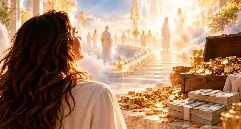 Mulher observando cenário espiritual iluminado com moedas de ouro e cédulas de dinheiro em primeiro plano.