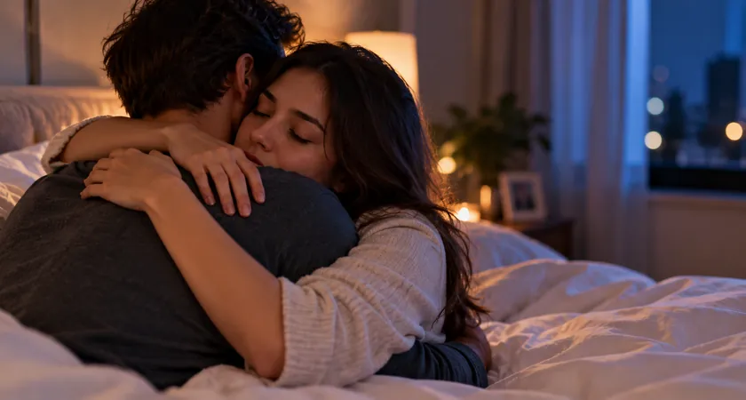 Mulher abraçando o ex-namorado em uma cena de sonho que representa saudade, carinho e lembranças de um relacionamento passado.