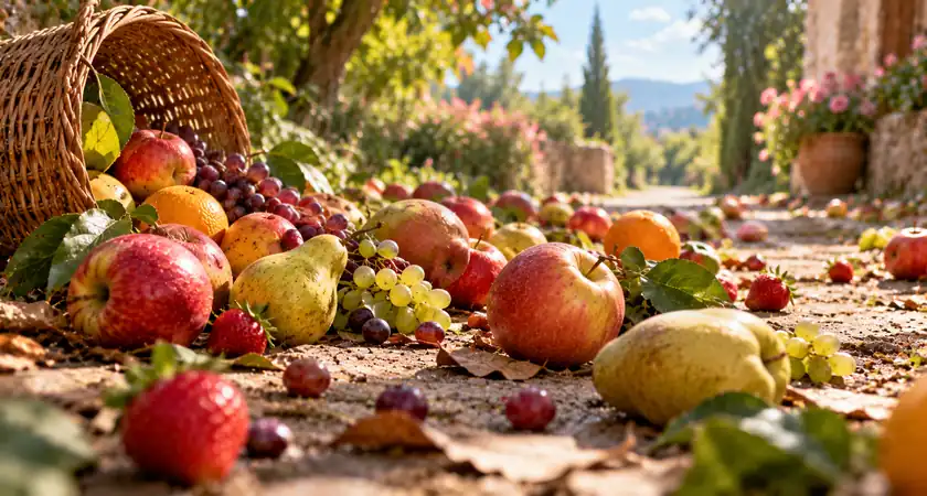 Cesta de vime tombada com maçãs, peras, uvas, laranjas e morangos espalhados pelo chão de um pomar iluminado pelo sol.