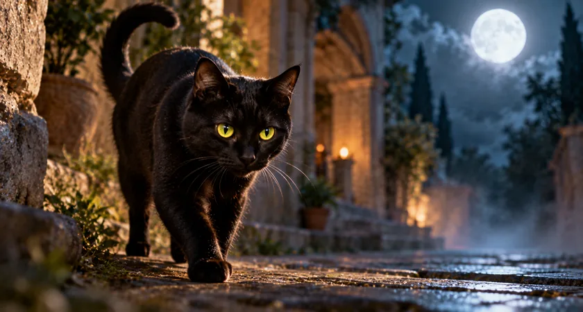 Gato preto de olhos amarelo-esverdeados caminhando por um pátio de pedras iluminado pela lua durante a noite.