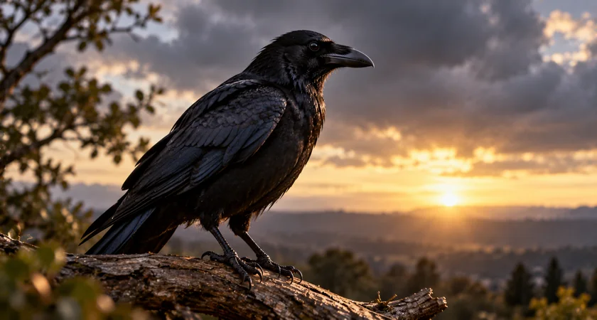 Pássaro preto de plumagem brilhante pousado em um galho de árvore, com céu nublado e luz do entardecer ao fundo.
