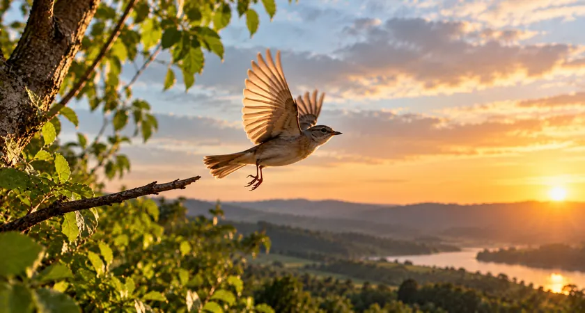 Pequeno pássaro marrom levantando voo de um galho de árvore ao pôr do sol, ilustrando o tema sonhar com pássaro voando.
