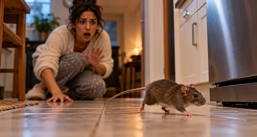 Rato marrom correndo pelo chão de uma cozinha enquanto uma mulher observa assustada, ilustrando o tema sonhar com rato correndo.
