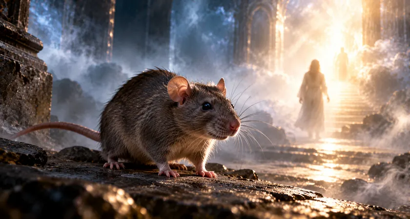 Rato cinza sobre pedras em cenário simbólico com névoa, escadaria iluminada e figura humana ao fundo.