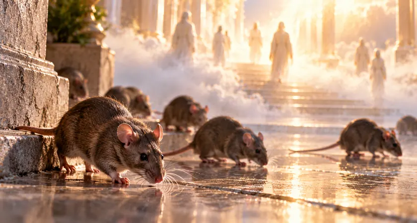 Vários ratos caminhando sobre piso de pedra em cenário simbólico com névoa e luz dourada, ilustrando sonho com ratos no mundo espiritual.